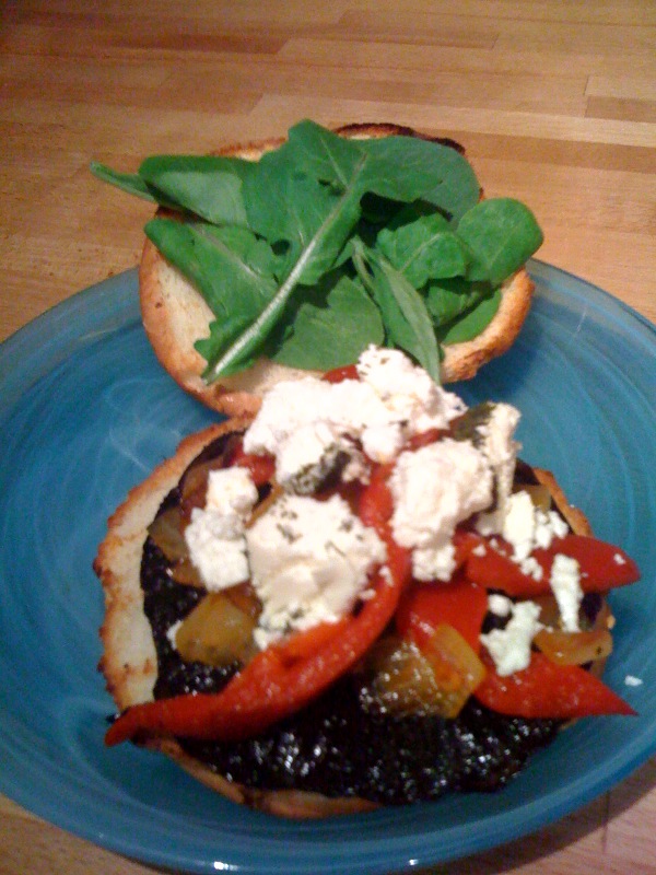 Grilled Portabella Sandwiches with pepper and onion medley, topped with goat cheese