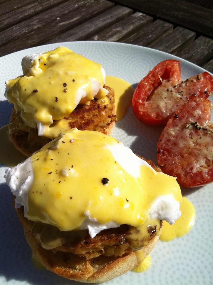 Crab Cake Eggs Benedict with Roasted Tomatoes