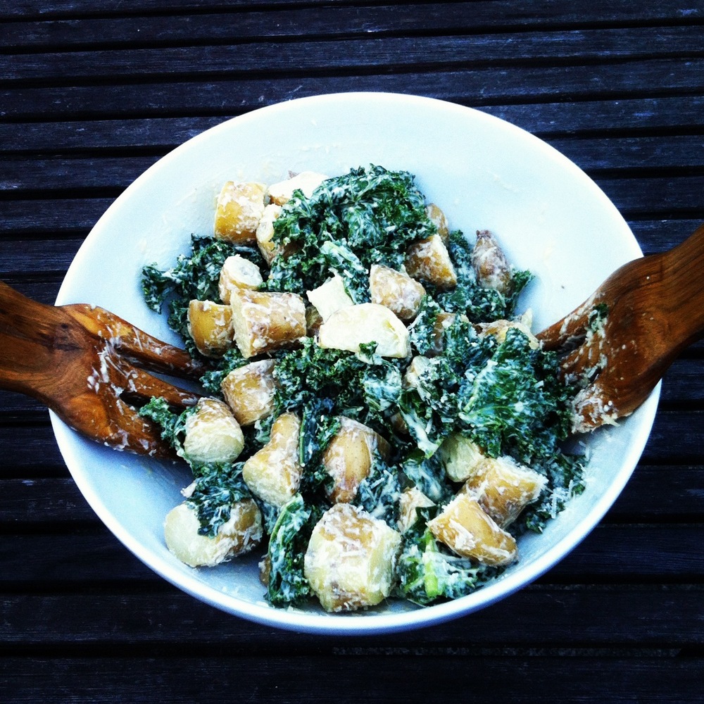 Kale Salad with Caesar Dressing and New Potatoes