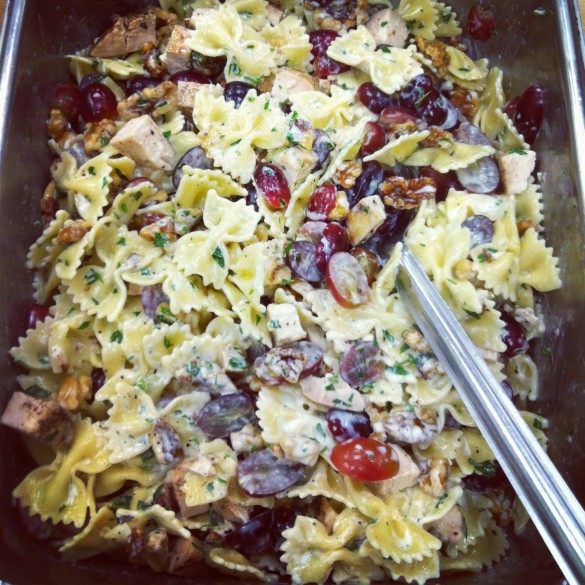 Summer Penne Pasta Alfredo with Grilled Chicken, Walnuts, and Grapes