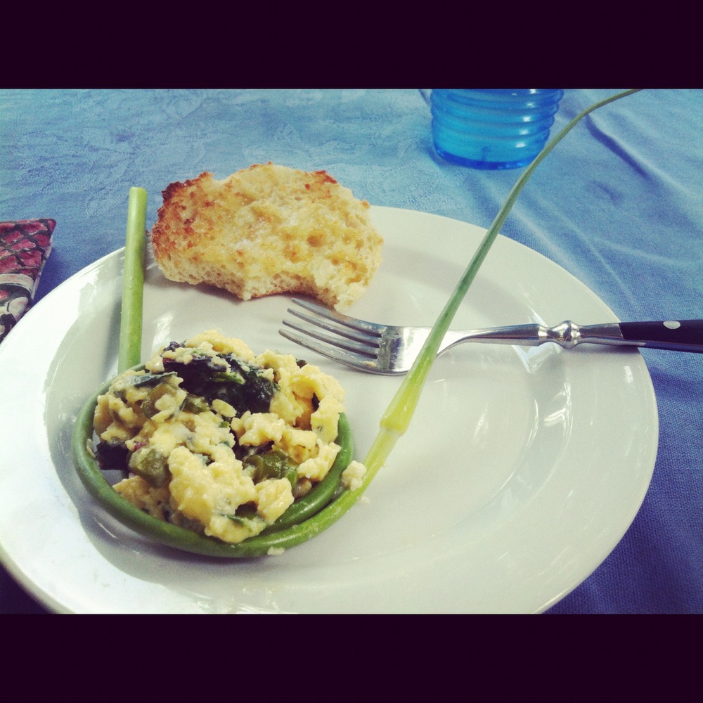 Rainbow Chard Egg Scramble in a Garlic Scape Nest